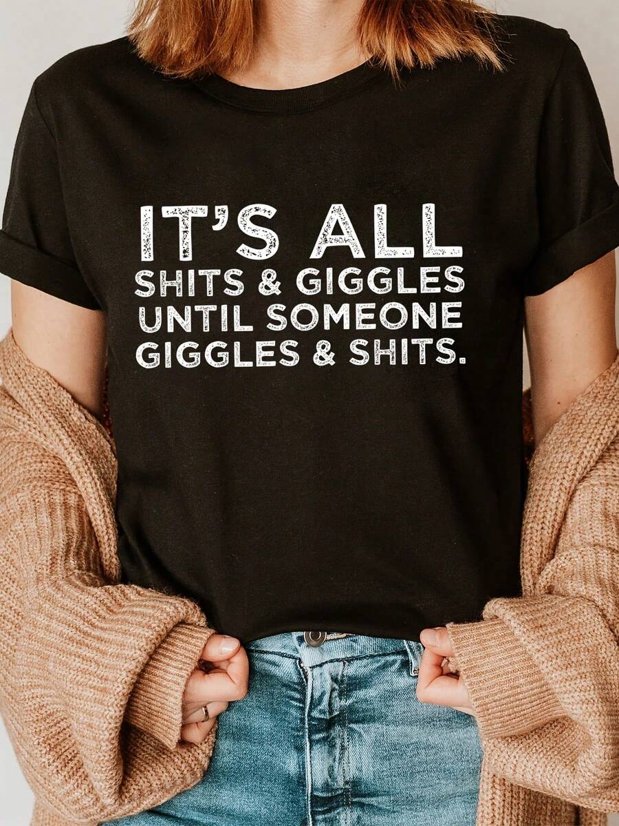 Camiseta con Estampado de Letras en Blanco y Negro, Manga Corta, Cuello Redondo, Estilo Casual para Verano y Primavera, Ropa de Mujer - Negro - Ver 1