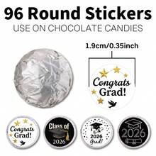 96 piezas/4 hojas Pegatinas de gotas de chocolate "Congrats Grad 2026" - Etiquetas redondas de caramelos miniatura para la Clase de 2026 para decoraciones de fiesta de graduación, suministros de fiesta de celebración de graduación, sin chocolate - Tema de graduación - Ver 3