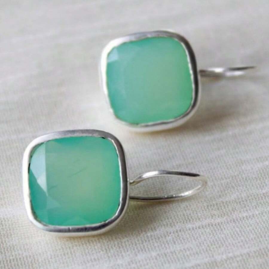 Khuyên tai móc vuông màu xanh lục sang trọng kiểu Pháp, phụ kiện dành cho nữ mang phong cách retro độc đáo. - Bạc - Xem 1