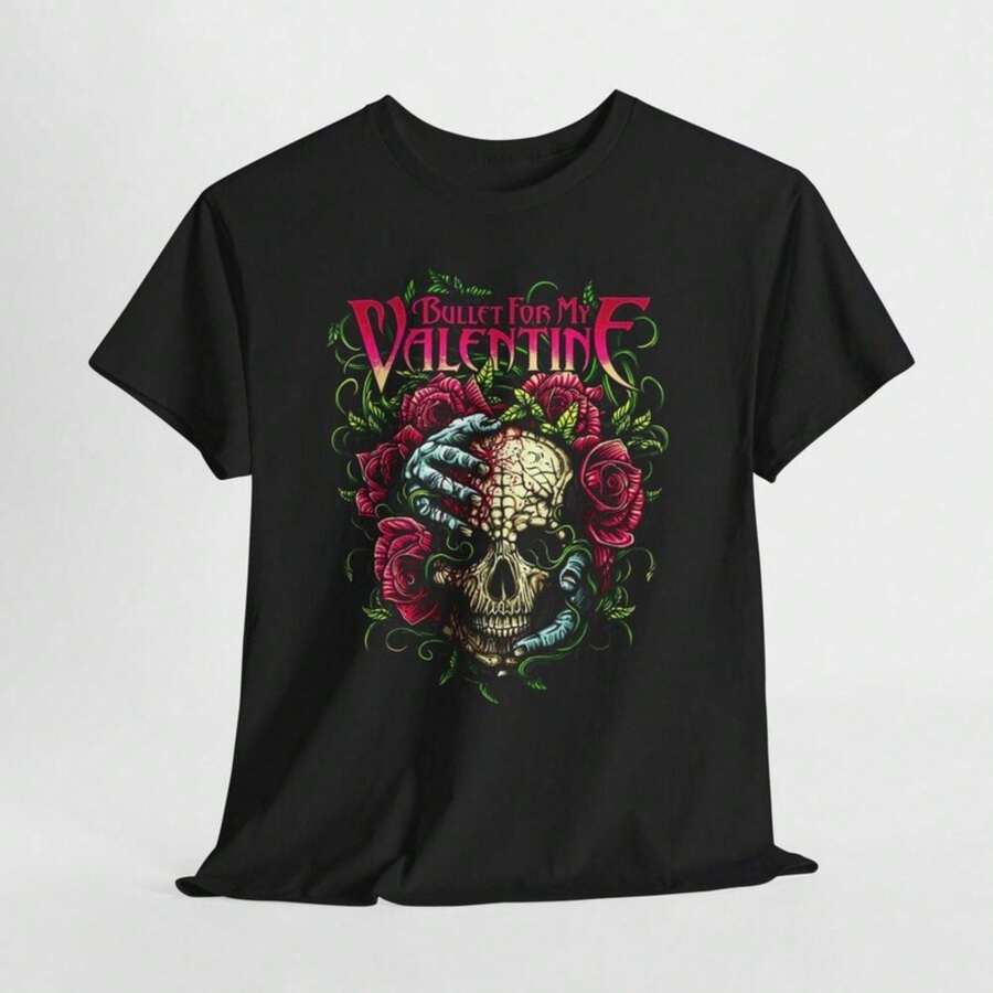 Bullet For My Valentine Hands Skull Roses Graphic T-Shirt Rock Band T-Shirt For Women Shirt 100% Cotton Unisex T-Shirt - Premium Casual Comfortable Fit T-Shirt - 黑色 - 查看 1