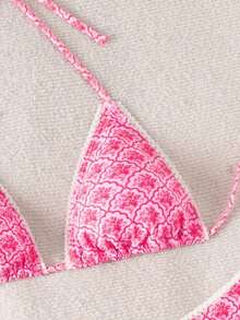 Swim Vcay Summer Geometric Floral Print Halter Bikini Set, Knit Fabric, Sexy Backless Bikini Set For Vacation, Parties, Beach, Pool, New Year, Christmas, Elegant - 羅莎 - 查看 9