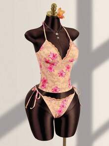 Conjunto de bikini de dos piezas con estampado floral tropical, parte superior tipo bandeau con tirantes atados y detalles de encaje para mujer, ideal para vacaciones de verano y playa - Albaricoque - Ver 5