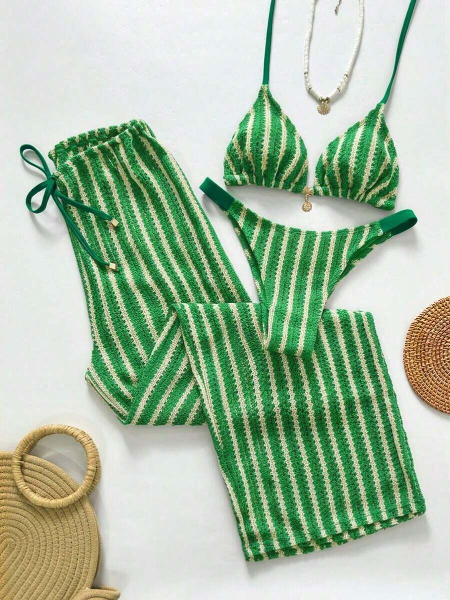 Swim Chiccia Conjunto de bikini a rayas sexy para mujer con pantalones, nueva llegada de trajes de baño para mujer 2026, adecuado para la escuela, vacaciones, citas, té de la tarde, estilo occidental, cruceros, playa, isla, viajes por carretera, todas las estaciones, festivales de música, vacaciones bohemias, vacaciones bohemias, otoño relajado, estilo occidental bohemio, blusas elegantes para mujer - Verde - Ver 1