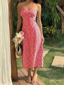 Vestido de playa con tirantes finos y estampado floral ditsy negro para mujeres - Rojo - Ver 4