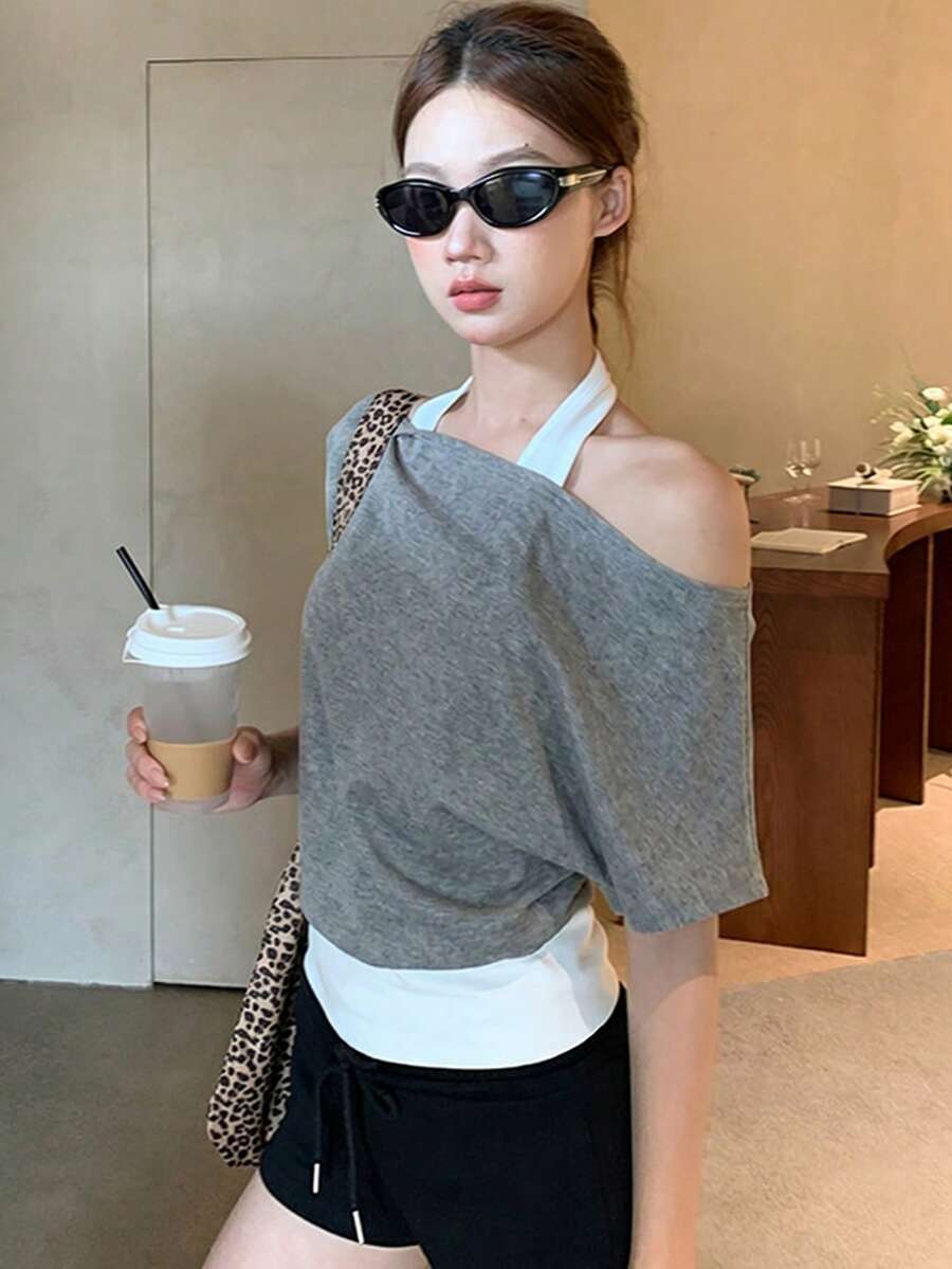 二合一露肩短袖吊带T恤,宽松百搭短款女式上衣,夏季 - 灰色 - 查看 1