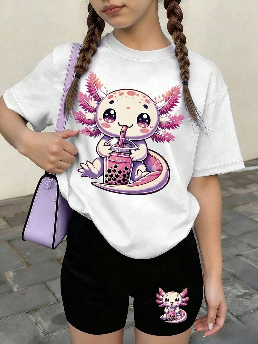 2pcs/Set Girls Casual Outfit, Cute Bubble Tea & Dinosaur Print Loose T-Shirt With Capybara Decor Cycling Shorts Set, Summer Wear - Multicolor - View 1