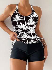 Bikini Estilo Chaleco Estampado Con Palmeras Para Mujer, Para Carnaval - Blanco y Negro - Ver 1
