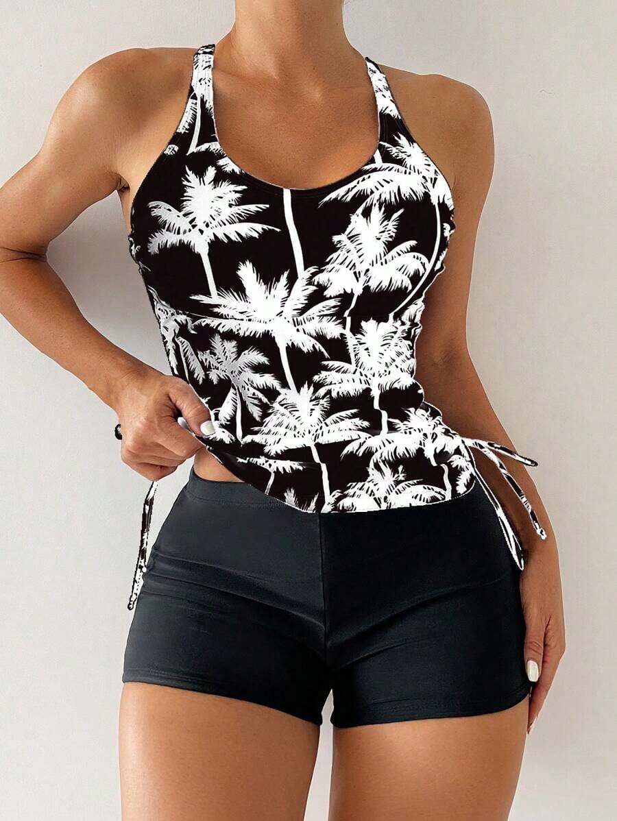 Bikini Estilo Chaleco Estampado Con Palmeras Para Mujer, Para Carnaval - Blanco y Negro - Ver 1