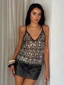 Camiseta de tirantes con lentejuelas en degradado naranja brillante - Negro 2 - Ver 8
