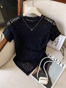 Camiseta casual de mujer de unicolor, cuello redondo, manga corta con bajo asimétrico - Negro 2 - Ver 1