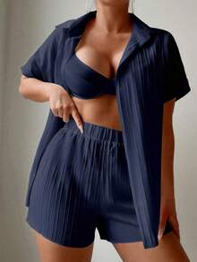 Swim Basics Conjunto casual de camisa tipo kimono y pantalones cortos de unicolor para mujer - Azul marino - Ver 4