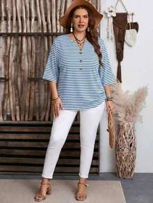 Blusa de estilo minimalista casual con mangas cortas y patrón de rayas marrones, adecuada para primavera/verano - Multicolor - Ver 6