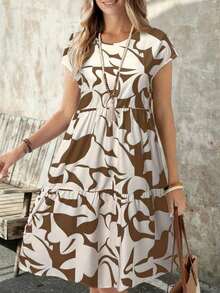 Vestido corto con cuello redondo y manga corta de estampado geométrico, casual para mujer, adecuado para primavera/verano - Marrón - Ver 5