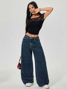 Jeans rectos y sueltos de color liso clásico informal - Azul 2 - Ver 6