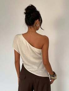 Blusa asimétrica de unicolor y textura simple con bajo asimétrico para mujer, ideal para playa y vacaciones, estilo boho tropical, corta, elegante, simple, delgada y versátil para uso diario, top de verano - Caqui - Ver 2