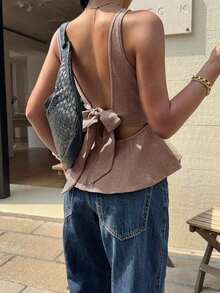 Blusa de línea A sin espalda con diseño de mariposa, nueva para el verano para mujeres - Marrón Mocha - Ver 2