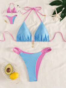 Conjunto de bikini reversible con estampado de lunares en contraste, con escote halter y nudo en la espalda, de estilo dulce y sexy, para vacaciones en la playa - Multicolor 2 - Ver 3