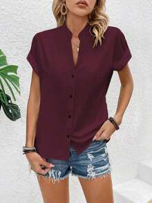 Blusa casual de verano de unicolor con botones delanteros y mangas cortas para uso diario - Burdeos - Ver 6