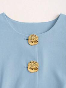 Tall Top sin mangas con botones metálicos básicos de estilo minimalista francés para mujeres altas - Azul - Ver 4