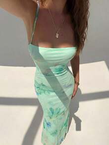 Vestido con estampado floral elegante y espalda descubierta para mujer - verde menta 2 - Ver 6
