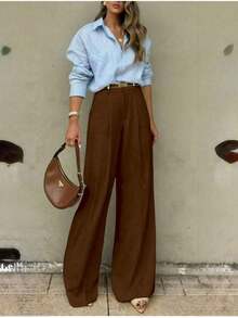 Straight-Leg, Wide-Legged Suit Trousers. Floor-Length. - Mocha Brown - View 1