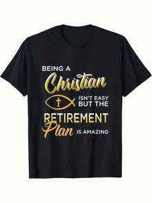 100% Inspirational T-Shirt - "Become A Christian" Print, Retirement Plan, Casual Crew Neck Short Sleeve T-Shirt, Perfect For Outdoor Activities And Holiday Gifts, Casual Style Gift T-Shirt, Comfortable Fit, Y2k T-Shirt - 黑色 - 查看 1
