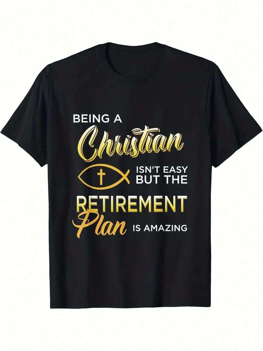 100% Inspirational T-Shirt - "Become A Christian" Print, Retirement Plan, Casual Crew Neck Short Sleeve T-Shirt, Perfect For Outdoor Activities And Holiday Gifts, Casual Style Gift T-Shirt, Comfortable Fit, Y2k T-Shirt - 白色 - 查看 1