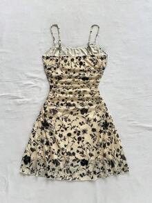 Vestido mini de línea A con tirantes de espagueti rosa y romántico Ditsy Floral para mujer, adecuado para fiesta, cita, San Valentín, Pascua, carnaval, crucero por la playa, Afternoon vestido de moda para té, primavera/verano - Amarillo claro - Ver 2