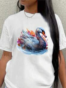 Lightweight And Durable Short-Sleeved T-Shirt With A Swan And Floral Pattern, Ideal For Casual Outings, Home, Outdoor Activities, Or Dining, Available In Comfortable Fit Options - 白色 - 查看 1