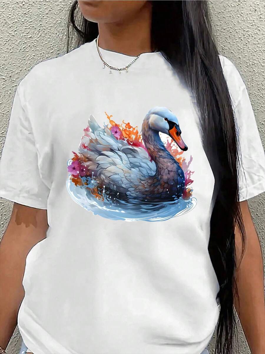 Lightweight And Durable Short-Sleeved T-Shirt With A Swan And Floral Pattern, Ideal For Casual Outings, Home, Outdoor Activities, Or Dining, Available In Comfortable Fit Options - 白色 - 查看 1