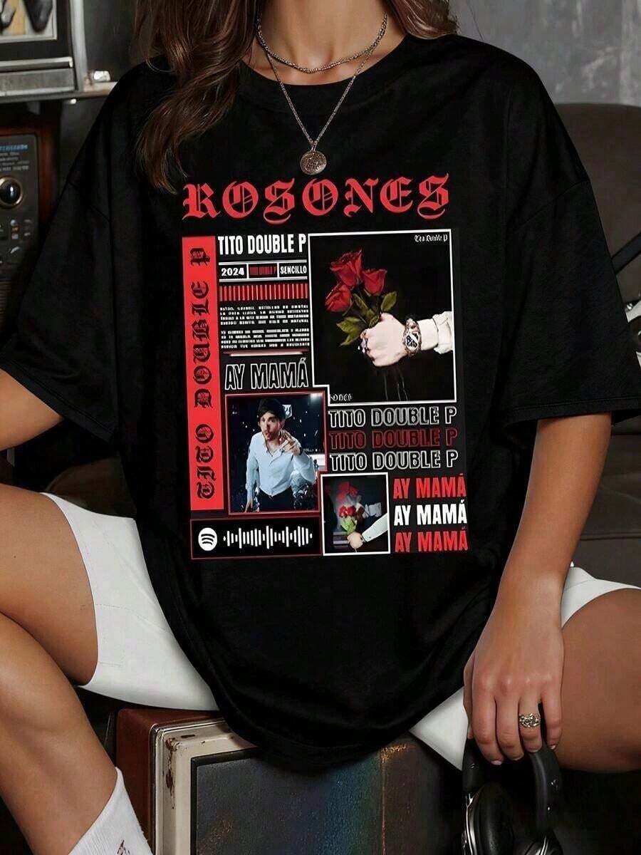 Camiseta de mujer con estampado inspirado en Rosones de Tito Double P, rosas rojas y frase "Ay Mamá", ideal para fans y uso diario - Blanco - Ver 1