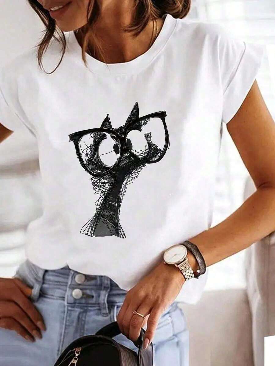 Short-Sleeved T-Shirt With Round Neck And Cartoon Print | Casual Top For Women, Ideal For Summer And Spring - Unisex Vintage Urban Style, Loose Fit Cotton Short-Sleeved T-Shirt With Round Neck. - 白色 - 查看 1