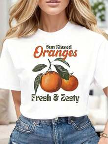 Women's Casual T-Shirt With Graphic Print Of Sun-Broken Oranges And Fresh Citrus Fruit, Soft And Comfortable, Gift For Summer Holidays, Birthdays - Vintage Urban Style, Unisex, Cotton, Short Sleeve, Round Neck. - 白色 - 查看 1