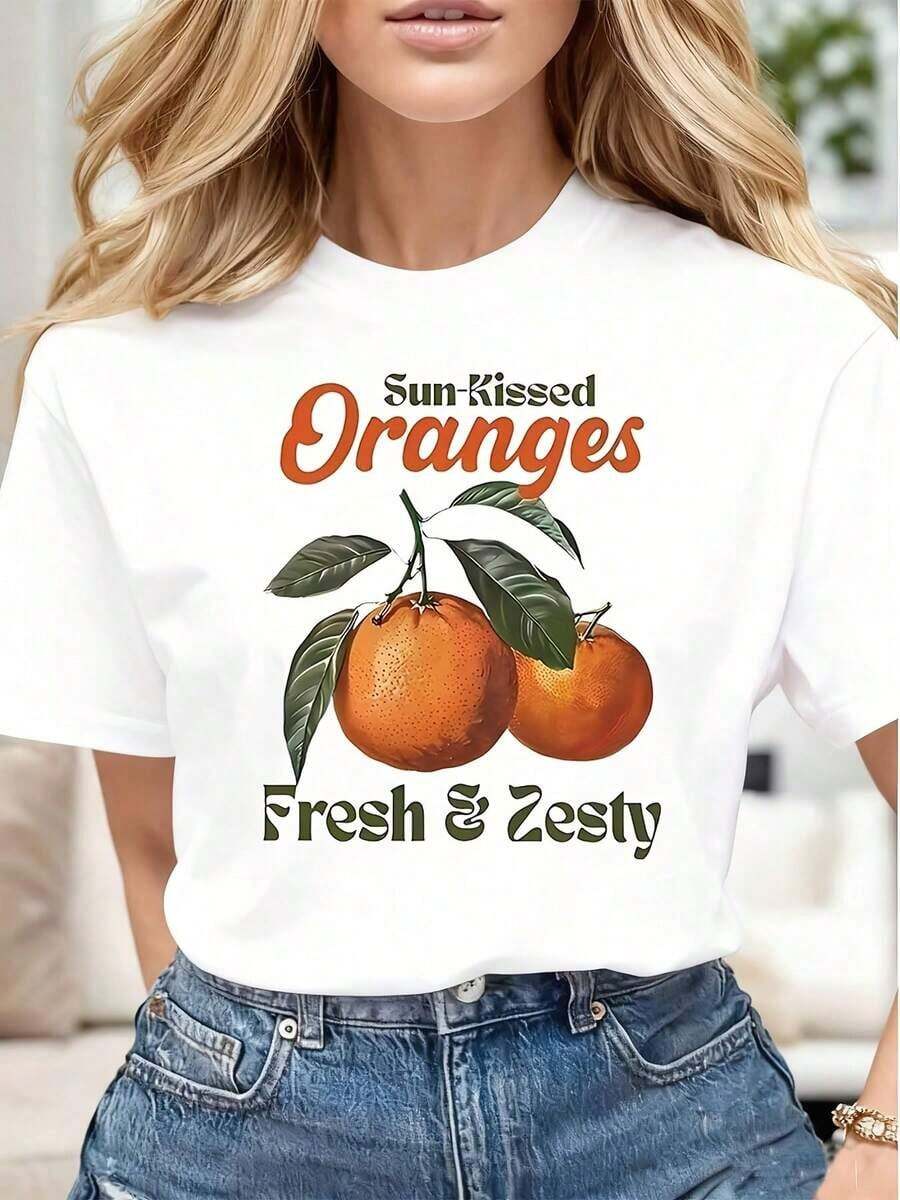 Women's Casual T-Shirt With Graphic Print Of Sun-Broken Oranges And Fresh Citrus Fruit, Soft And Comfortable, Gift For Summer Holidays, Birthdays - Vintage Urban Style, Unisex, Cotton, Short Sleeve, Round Neck. - 白色 - 查看 1