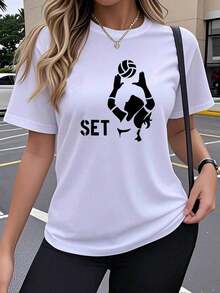 Loose-Fitting Women's Short-Sleeve T-Shirt With A Volleyball Design, Featuring An Artistic Print That's Creative, Fun, And Popular. It's Breathable, Stretchy, And Has A Round Neck. Comfortable For Outdoor Wear In Spring, Summer, And Fall. The Y2K Style Is Loose, Casual, Simple, And Fashionable. This Women's Cotton T-Shirt Is Breathable, Sweat-Wicking, And Perfect For Summer. - 白色的 - 查看 8