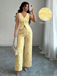 Conjunto de 2 piezas de chaleco y pantalones azules, con estampado de margaritas africanas, jacquard en relieve, elegante y casual para uso diario y de oficina, para mujer - Amarillo claro - Ver 8