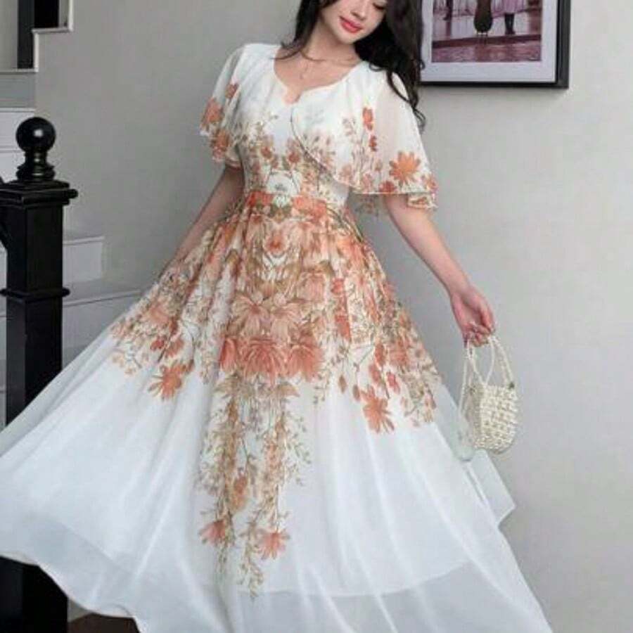 V-Neck Shawl Design Waist Cinched Flared Floral Print Chiffon Dress For Women - Rosa - Ver 1