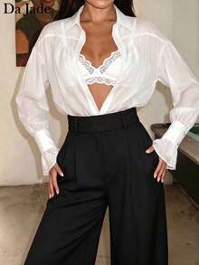 Camisa holgada con botones y transparente de manga larga, blusa transparente para festivales de música, fiestas en clubes nocturnos, carnavales de verano y atuendos de streetwear, estilo Y2K sexy y blanco para primavera y verano - Blanco - Ver 4