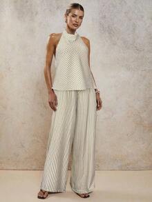 Conjunto de dos piezas elegante de rayas para vacaciones de mujer, primavera/verano - Caqui - Ver 5