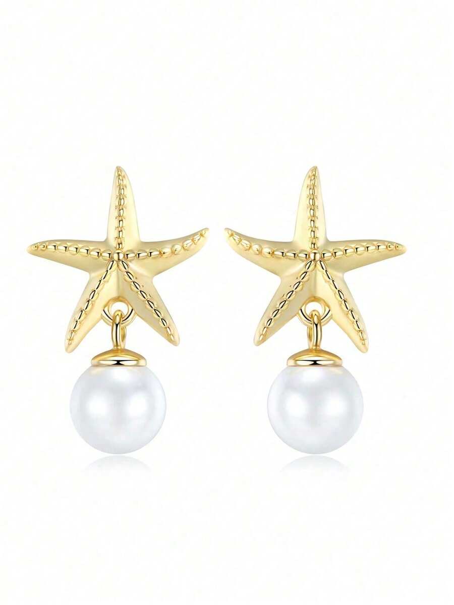 1 Pair Fashion Tassel Shell Starfish Pearl Stud Earrings, Suitable For Women's Party, Date, Daily Wear - Starfish Pearl Earrings - View 1