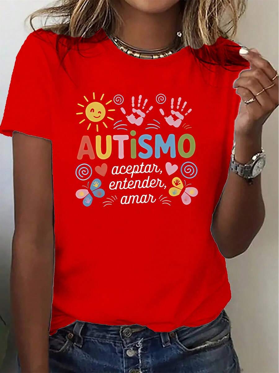 Women's Casual T-Shirt - Palm And Butterfly Print Design, Autism Awareness Theme - Printed Style - Women's Casual Sports T-Shirt - Short Sleeve, Suitable For All Seasons, Comfortable Fabric, Urban Style, Perfect For Everyday Wear, 100% Cotton - 紅色 - 查看 1