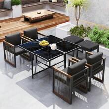 7-Piece Outdoor Table And Chair Set For 6 People, Tempered Glass Table, Plastic And Wood Handrails, Ideal For Meals In The Backyard Or Garden. - 黑色 - 查看 5