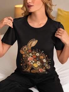 Floral Rabbit T1S1Hirt Spring Flower T1EE Gift Flower Siestre Woman1en Hirt Women Nature Lovers Floral T S1Hirt B1Oho Naute Top Floral. - 黑色 - 查看 1