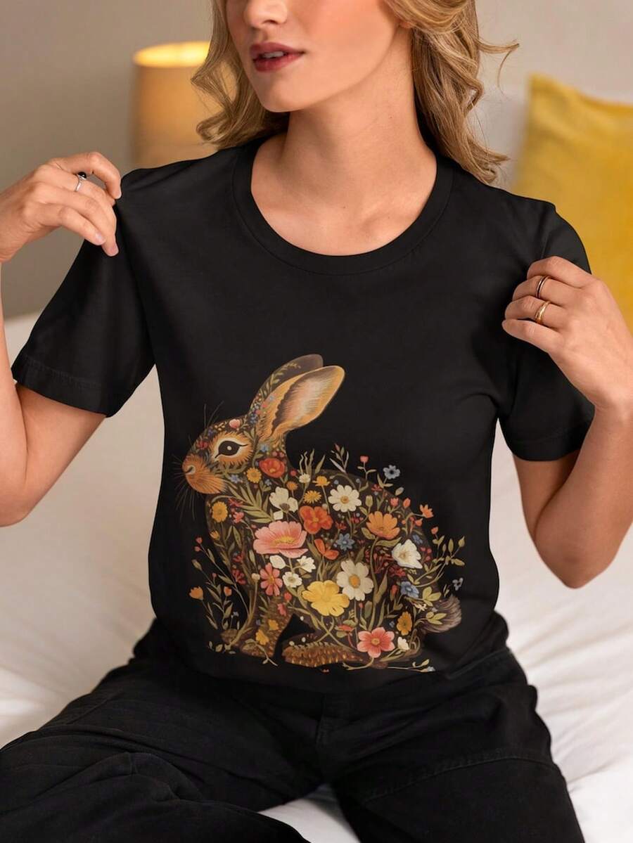 Floral Rabbit T1S1Hirt Spring Flower T1EE Gift Flower Siestre Woman1en Hirt Women Nature Lovers Floral T S1Hirt B1Oho Naute Top Floral. - 黑色 - 查看 1