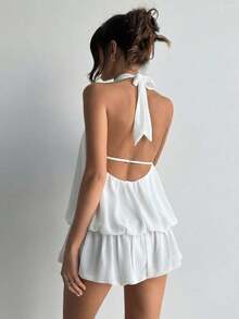 casual de verano para mujer con cuello halter, unicolor y volantes en el bajo - Blanco - Ver 2
