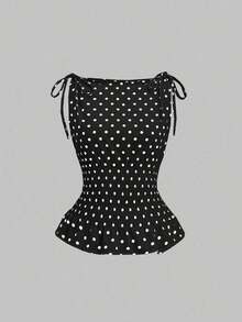 Blusa sin mangas de estilo francés elegante con lunares, lazo en el hombro y cordón en la cintura, para uso casual y versátil en primavera/verano - Negro - Ver 1