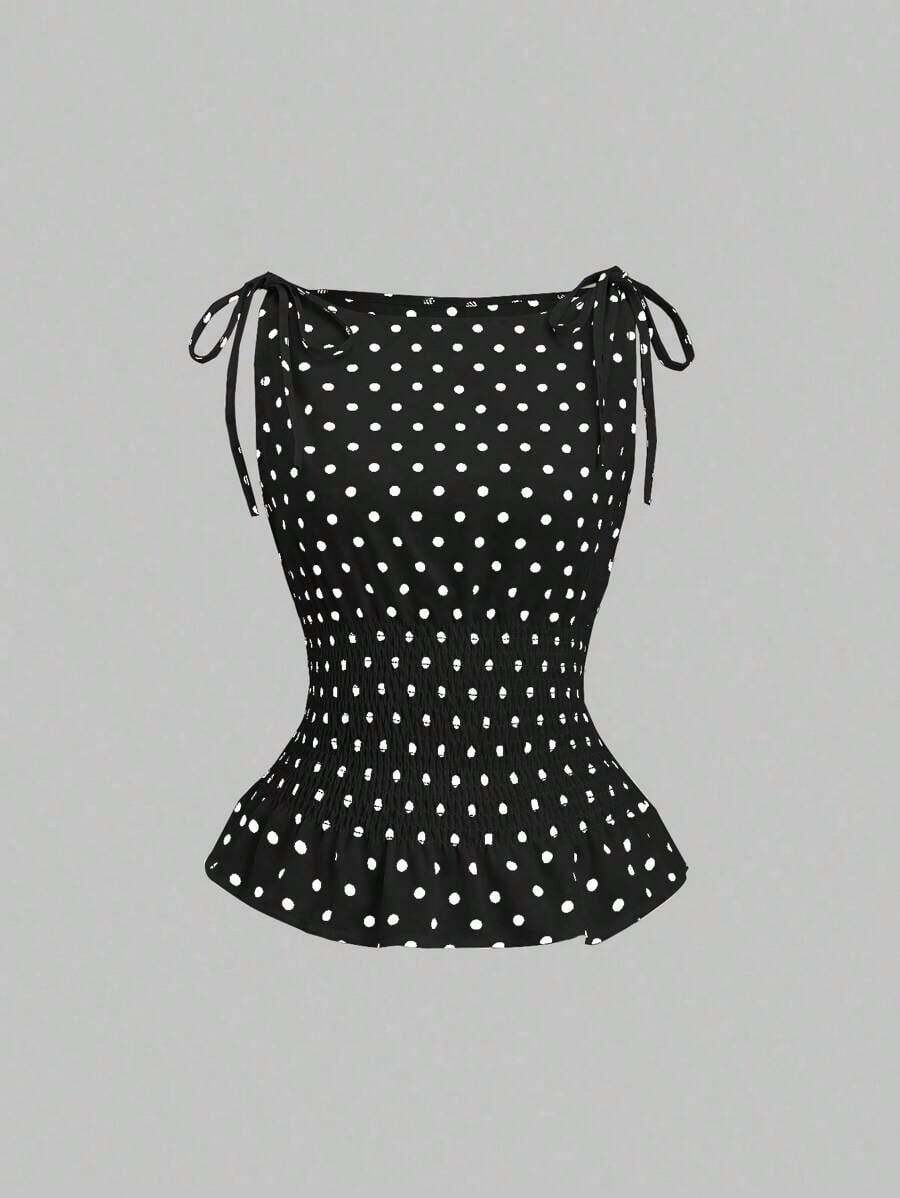 Blusa sin mangas de estilo francés elegante con lunares, lazo en el hombro y cordón en la cintura, para uso casual y versátil en primavera/verano - Negro - Ver 1