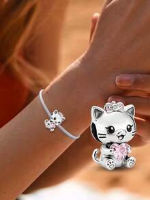 1pc 925 Sterling Silver Cat Hugging Heart Charm, Suitable For Women Bracelet Bangle DIY Jewelry Making, Exquisite Jewelry - Style 25 - View 6