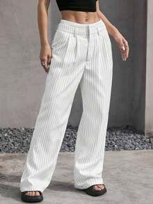 Pantalones anchos de mujer con pliegues y rayas, con cintura de bloques de color para otoño/invierno - Blanco - Ver 5