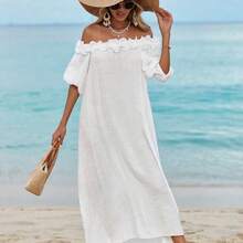 Swim Vcay Women's Ruffled Off Shoulder Mid-Calf Beach Dress, Sexy Beach Dress, Lantern Sleeve Wedding Guest Slit Flowing Dress For Summer Beach Vacation - Rosa - Ver 5